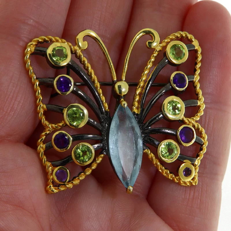 Brosa argint 925 Rodiu negru Accente aurite Acvamarin Peridot Ametist Naturale - Eleganta si Sofisticata