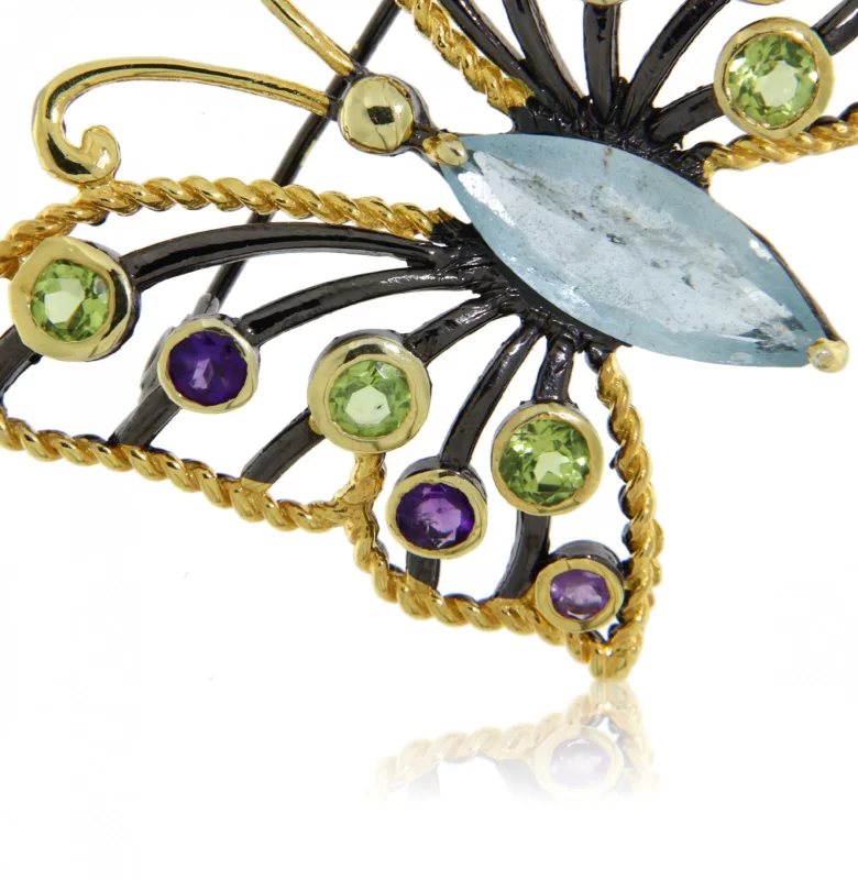 Brosa argint 925 Rodiu negru Accente aurite Acvamarin Peridot Ametist Naturale - Eleganta si Sofisticata