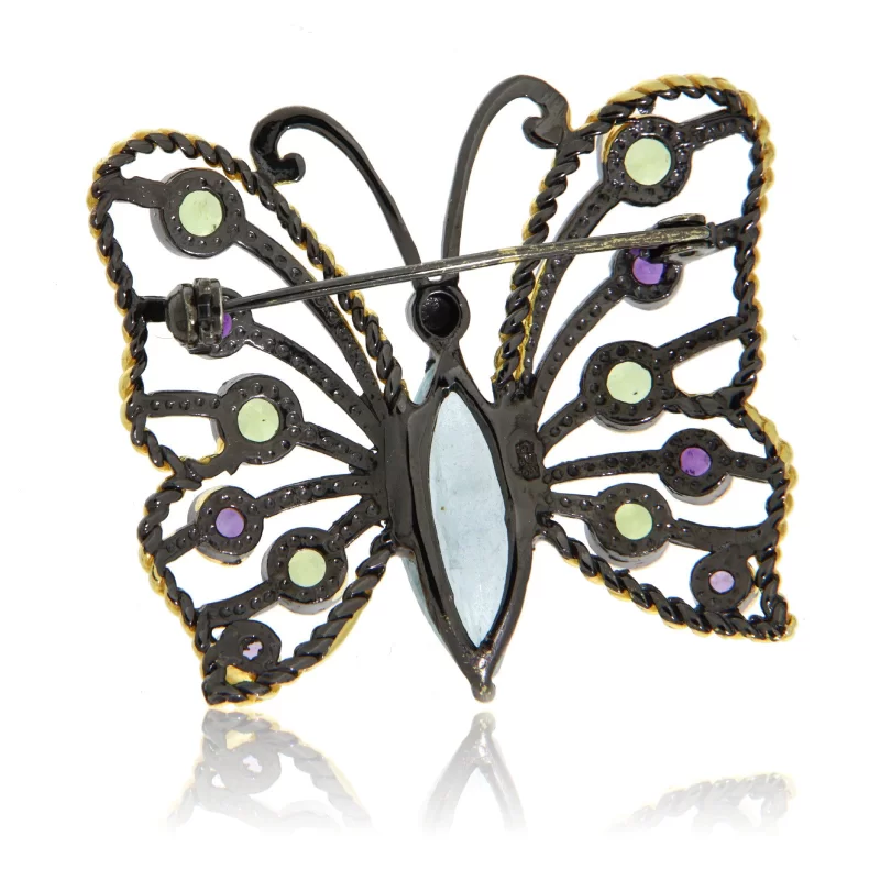 Brosa argint 925 Rodiu negru Accente aurite Acvamarin Peridot Ametist Naturale - Eleganta si Sofisticata