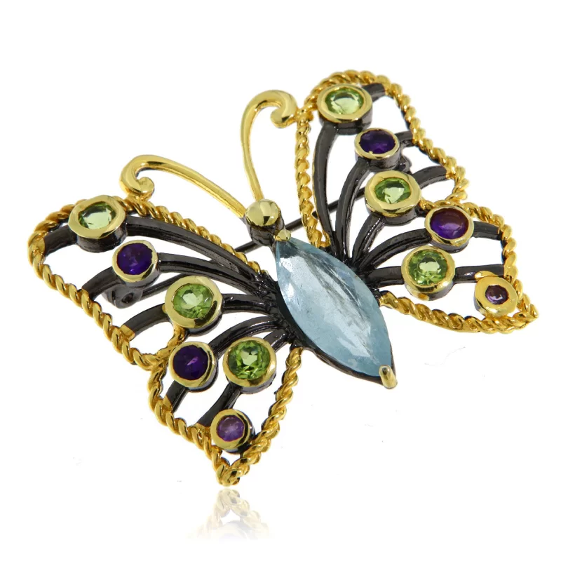 Brosa argint 925 Rodiu negru Accente aurite Acvamarin Peridot Ametist Naturale - Eleganta si Sofisticata