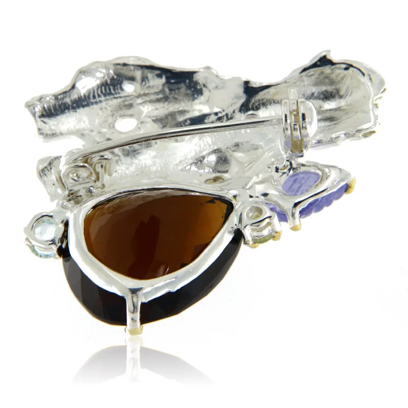 Brosa argint 925 Accente aurite Cuart fumuriu Tanzanit Turmalina Naturale - Eleganta si Rafinament