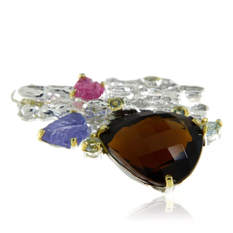 Brosa argint 925 Accente aurite Cuart fumuriu Tanzanit Turmalina Naturale - Eleganta si Rafinament