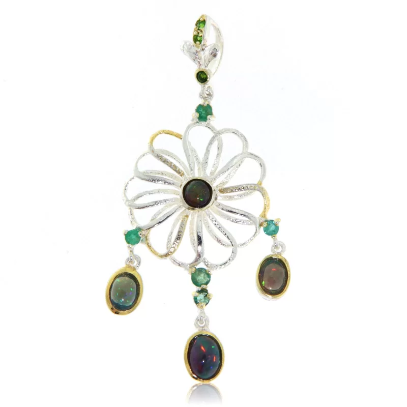 Pandant Argint 925 Accente aurite Opal negru Smarald Crom diopsid Naturale - Mister si Rafinament
