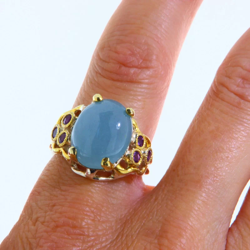 Inel Argint 925 Accente aurite Acvamarin Ametist Naturale - Eleganta si Distinctie