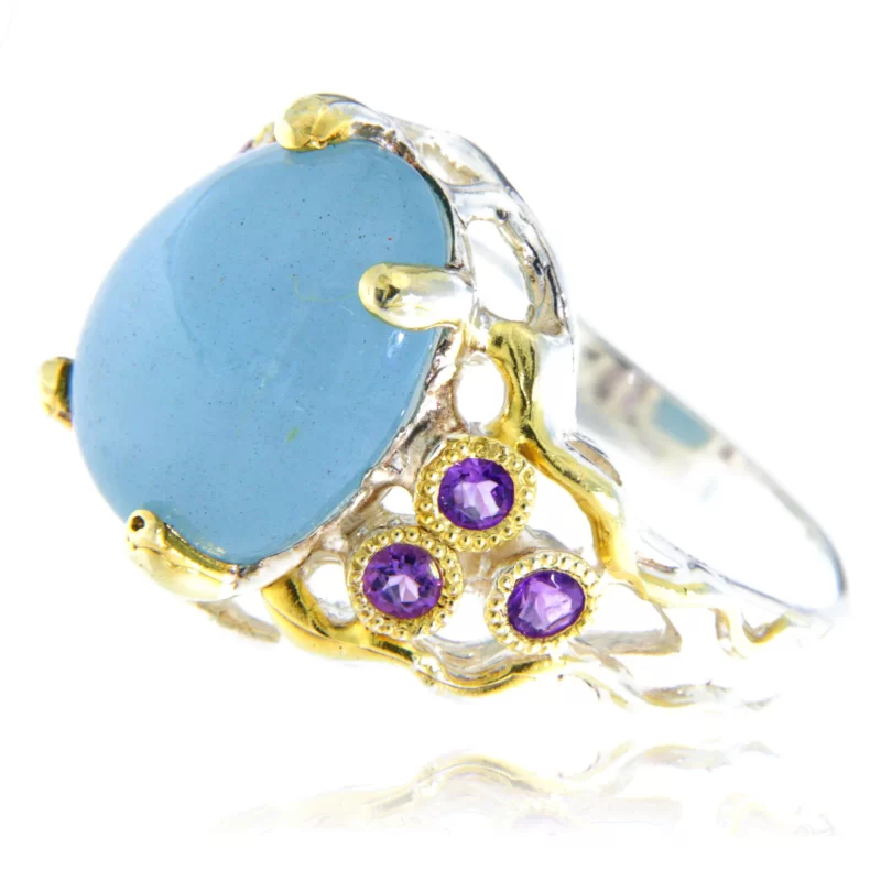 Inel Argint 925 Accente aurite Acvamarin Ametist Naturale - Eleganta si Distinctie