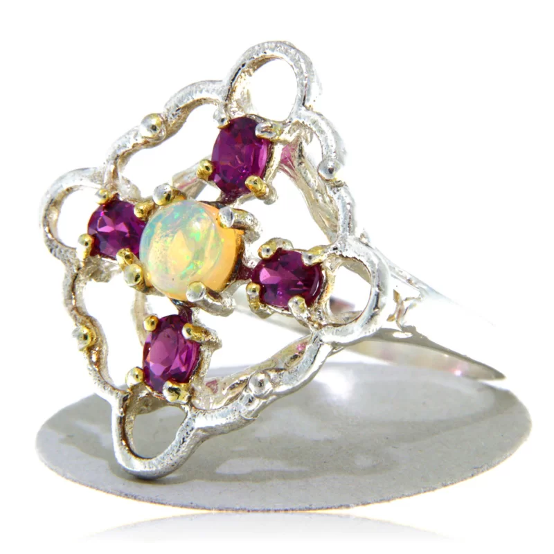 Inel Argint 925 Accente aurite Opal Granat Rodolit Naturale