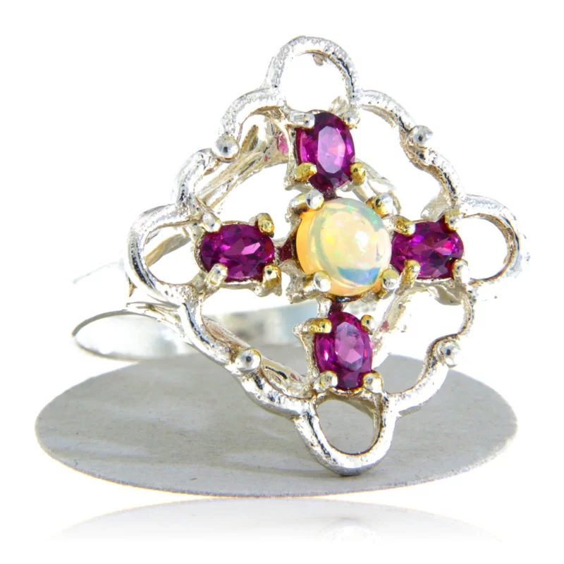 Inel Argint 925 Accente aurite Opal Granat Rodolit Naturale