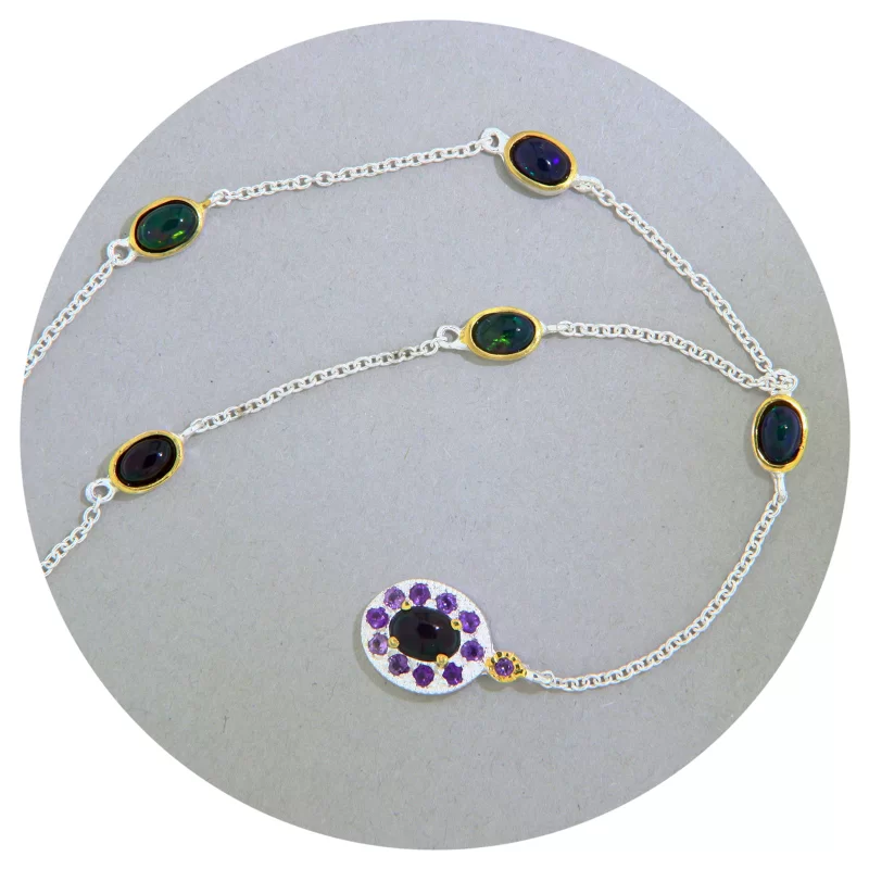 Colier Argint 925 Accente Aurite Opal Negru Ametist Naturale - Magie si Echilibru