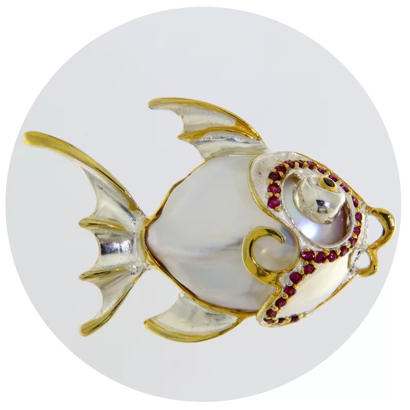 Brosa Argint 925 Accente Aurite Perla Baroque Granat Rodolit Naturale - Eleganta si Sofisticata
