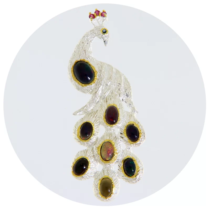 Brosa Argint 925 Accente Aurite Opal Negru Granat Rodolit - Paun Maiestuos