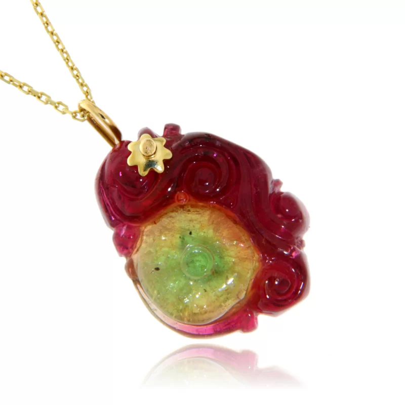 Pandantiv cu lantisor Aur Galben 14k Turmalina Watermelon Pepene Verde Naturala - Eleganta si Culoare