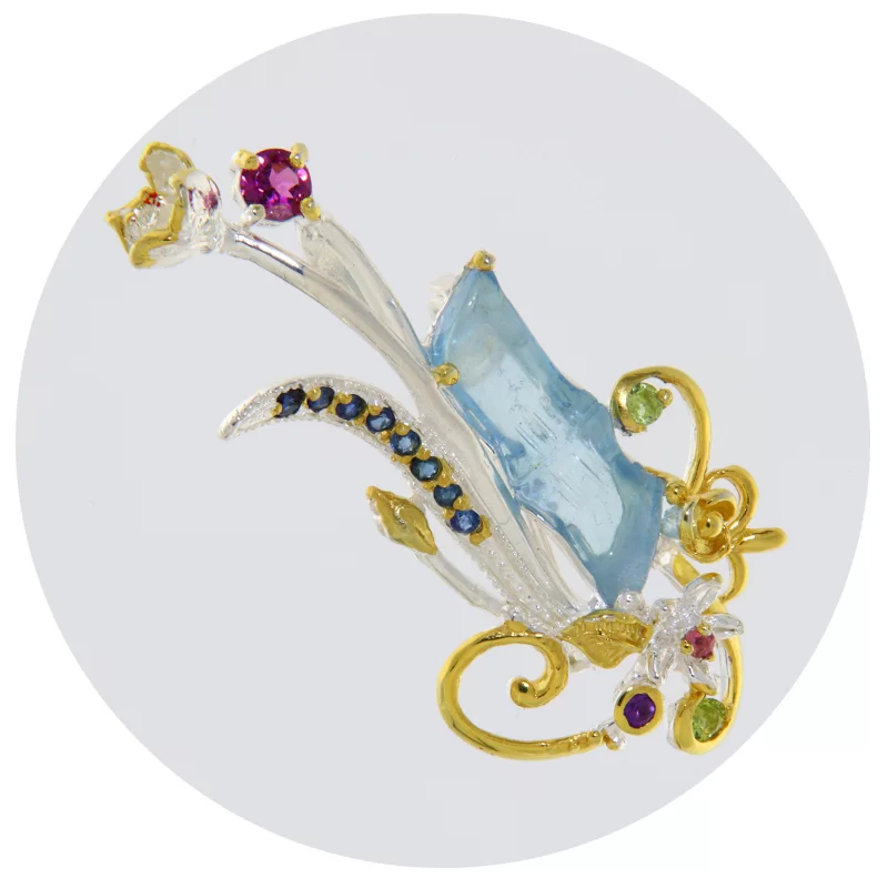 Pandantiv Brosa din Argint 925 Accente Aurite Acvamarin Safire Rodolit Peridot Naturale