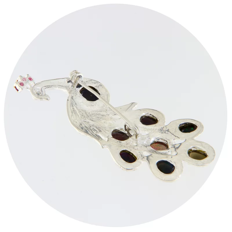 Brosa Argint 925 Accente Aurite Opal Negru Granat Rodolit - Paun Maiestuos