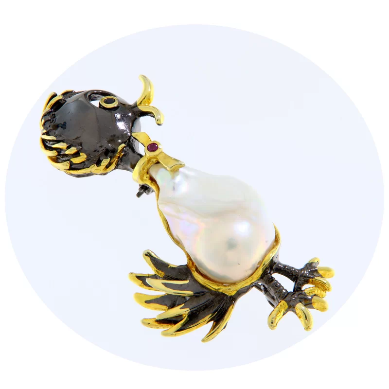 Brosa din Argint 925 Rodiu Negru Accente Aurite Perla Baroque Rodolit Naturale - Adorabila si Rafinata