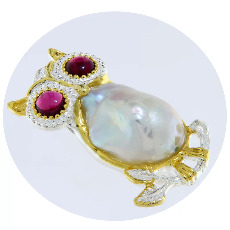 Brosa Argint 925 Accente Aurite Perla Baroque Granat Rodolit Natural - Bufnita
