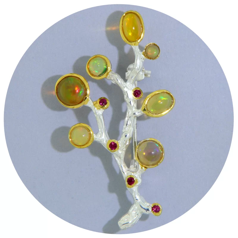 Brosa Argint 925 Accente Aurite Opal Granat Rodolit Naturale Ramura - Eleganta si Delicatete