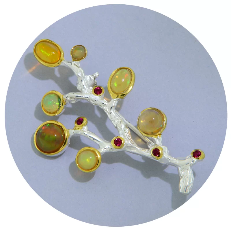 Brosa Argint 925 Accente Aurite Opal Granat Rodolit Naturale Ramura - Eleganta si Delicatete