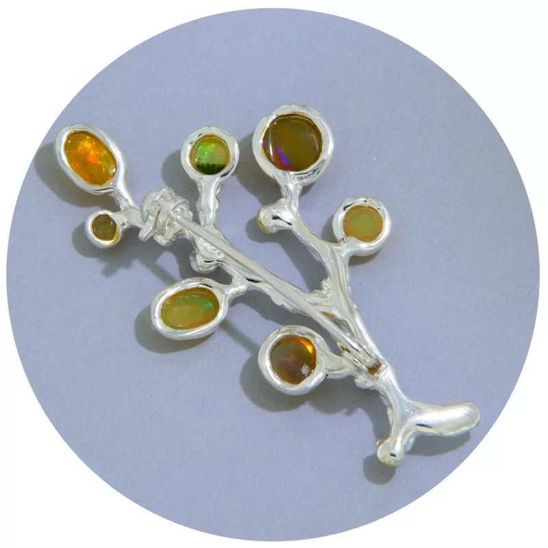 Brosa Argint 925 Accente Aurite Opal Granat Rodolit Naturale Ramura - Eleganta si Delicatete