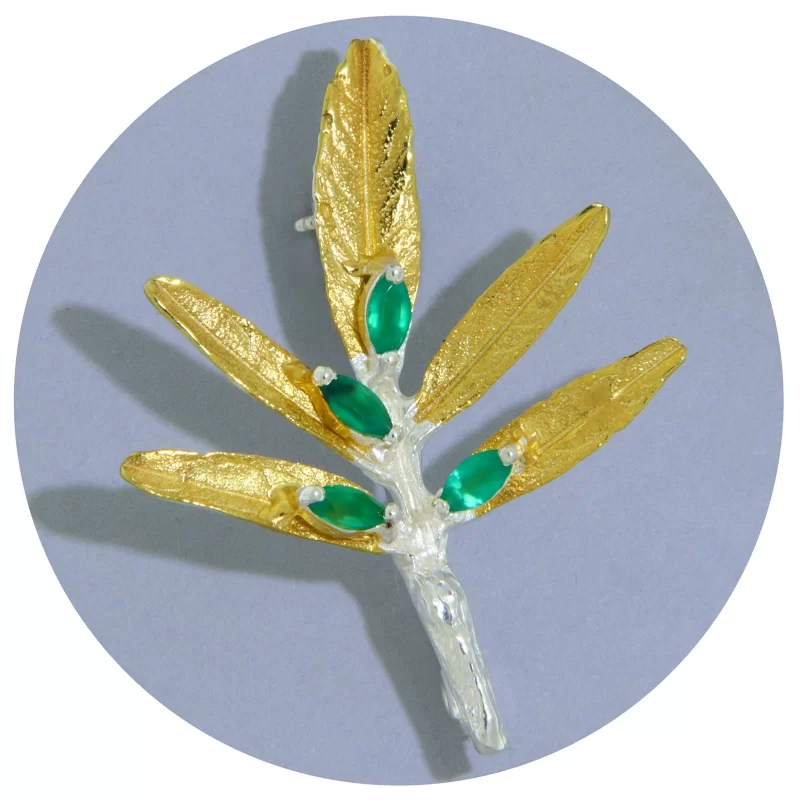Brosa Argint 925 Accente Aurite Onix Verde Natural - Ramura de Maslin
