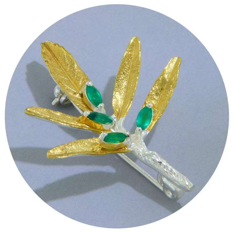 Brosa Argint 925 Accente Aurite Onix Verde Natural - Ramura de Maslin