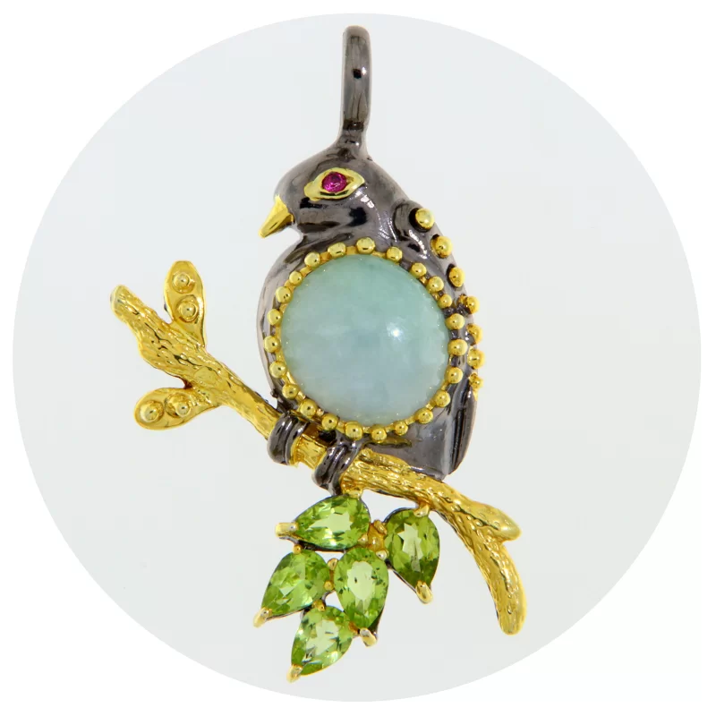 Pandantiv Argint 925 Rodiu negru Accente aurite Jad Peridot Naturale - Elegant Bird