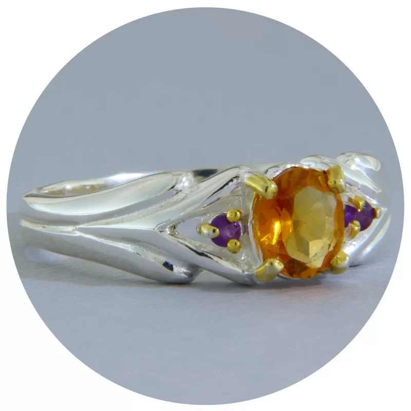 Inel Argint 925 Accente Aurite Citrin Ametist Naturale - Armonie si Lumina