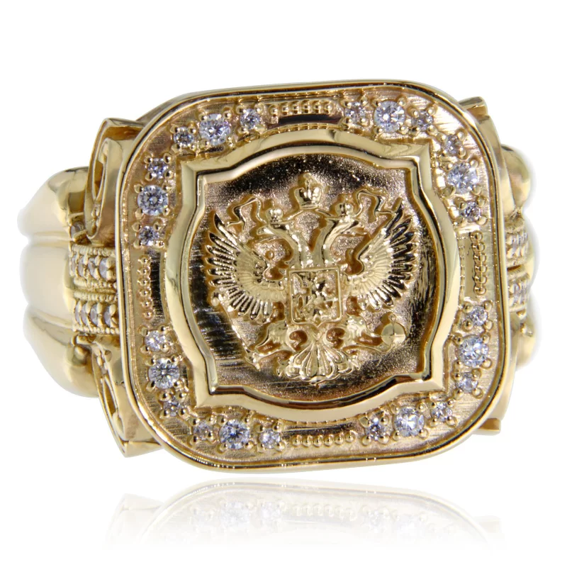 Ghiul Masiv Barbatesc Aur 14 k Diamante Naturale Vultur Bicefal Signet Ring