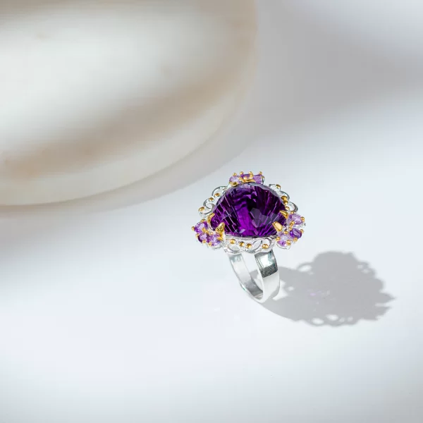Inel Argint 925 accente aurite Ametist Natural - Delicat si Elegant