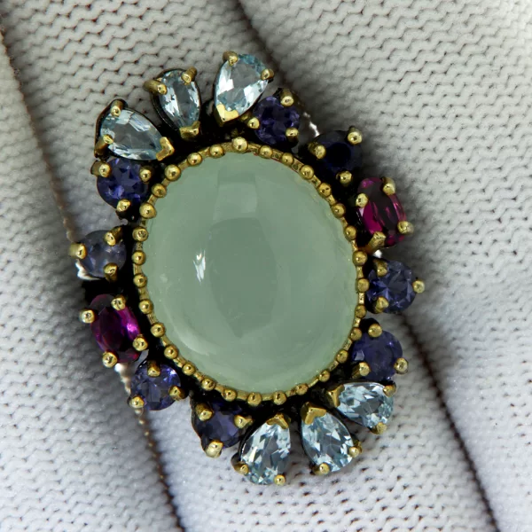 Inel Argint 925 Rodiu negru accente aurite Acvamarin Topaz Iolit Rodolit - Rafinament Suprem