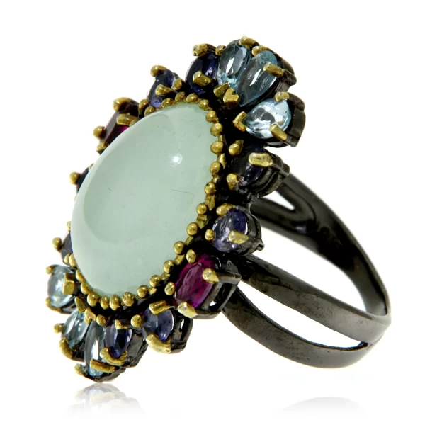 Inel Argint 925 Rodiu negru accente aurite Acvamarin Topaz Iolit Rodolit - Rafinament Suprem