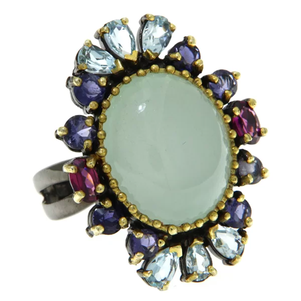 Inel Argint 925 Rodiu negru accente aurite Acvamarin Topaz Iolit Rodolit - Rafinament Suprem
