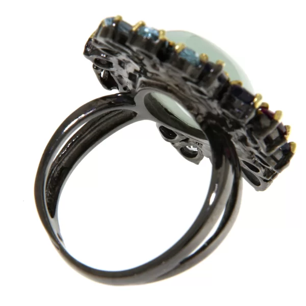 Inel Argint 925 Rodiu negru accente aurite Acvamarin Topaz Iolit Rodolit - Rafinament Suprem